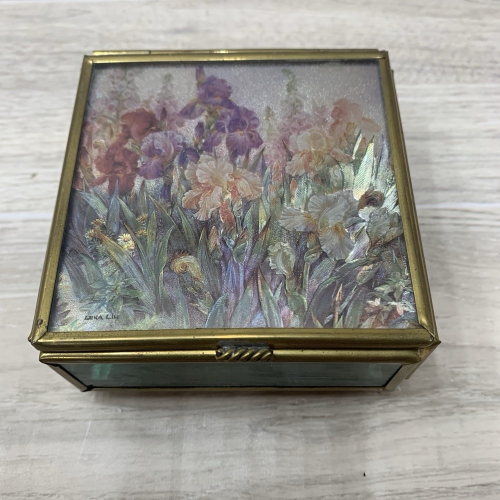 Vintage Enesco Trinket Box Stained Glass Roses Mirrored Mexico Decor